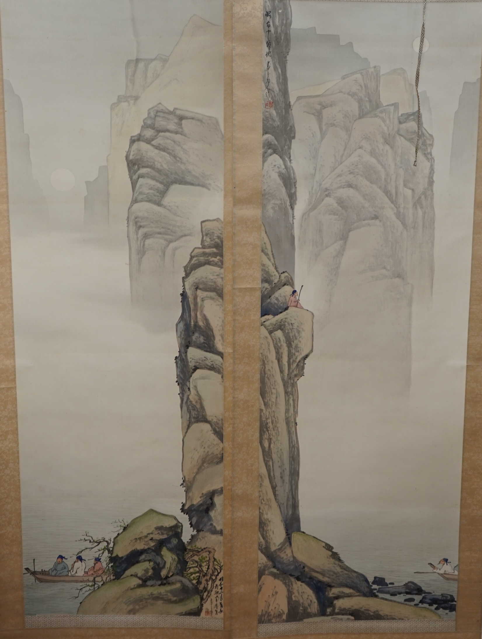 Kodama Kibou, a pair of landscape scrolls, 123cm x 43cm. Condition - fair, some discolouration